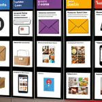 A visual representation of customer touchpoints: Include a collage of images representing online touchpoints (website, social media icons, email inbox) and offline touchpoints (storefront, conference booth, printed advertisement). Arrange these images to illustrate a customer's journey toward making a purchase.