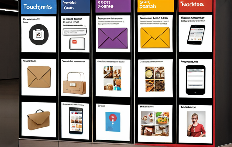 A visual representation of customer touchpoints: Include a collage of images representing online touchpoints (website, social media icons, email inbox) and offline touchpoints (storefront, conference booth, printed advertisement). Arrange these images to illustrate a customer's journey toward making a purchase.