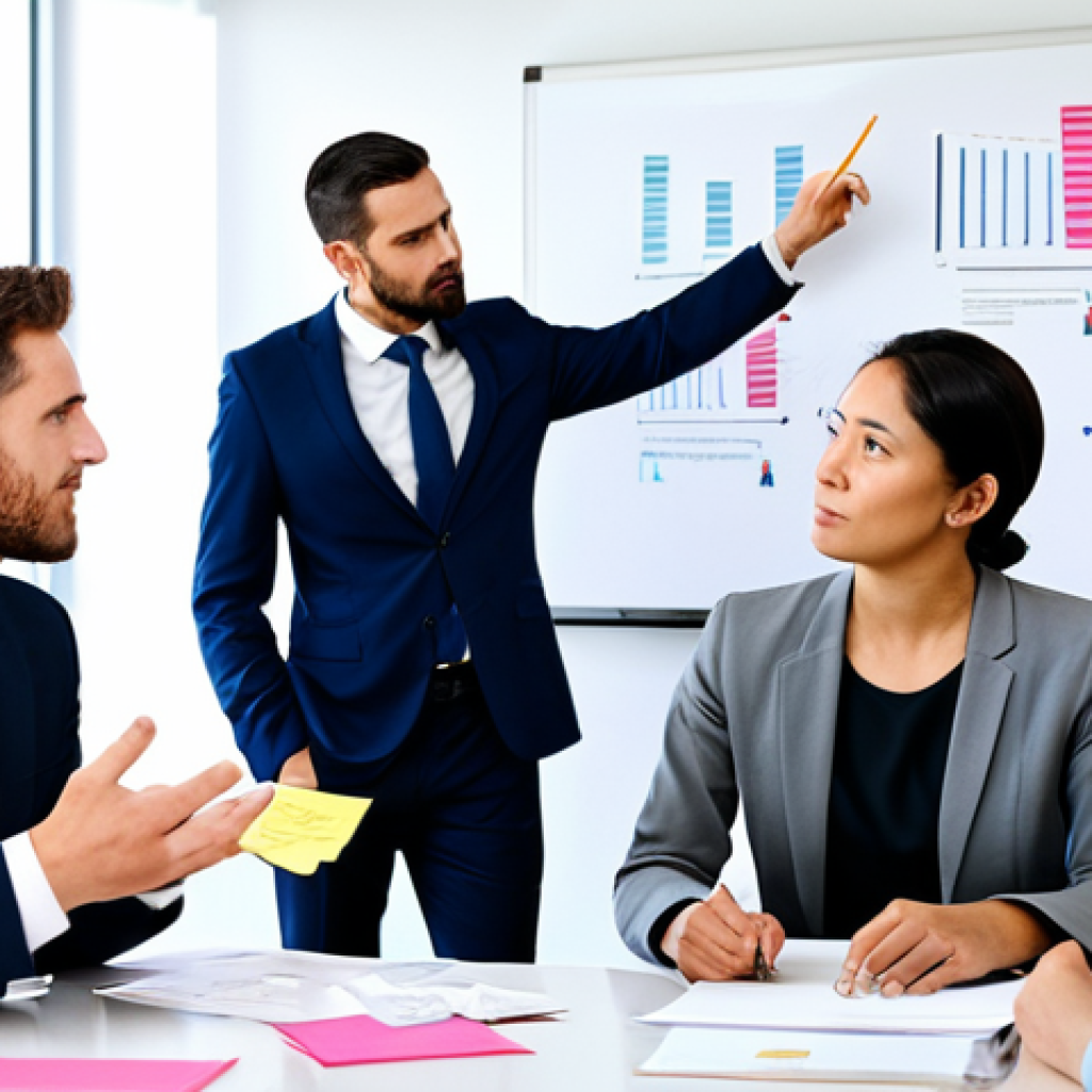 A diverse group of professional businesspeople, fully clothed in modest business suits and appropriate attire, engaged in a brainstorming session in a bright, modern office meeting room. They are gathered around a large whiteboard filled with abstract, theoretical diagrams and colorful sticky notes that represent assumptions about customer needs, rather than real data. The team members' expressions convey a slight disconnect or thoughtful skepticism, hinting at the lack of thorough customer research. Perfect anatomy, correct proportions, natural pose, well-formed hands, proper finger count, natural body proportions, professional photography, high resolution, safe for work, appropriate content, family-friendly.
