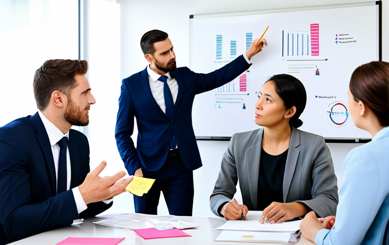 A diverse group of professional businesspeople, fully clothed in modest business suits and appropriate attire, engaged in a brainstorming session in a bright, modern office meeting room. They are gathered around a large whiteboard filled with abstract, theoretical diagrams and colorful sticky notes that represent assumptions about customer needs, rather than real data. The team members' expressions convey a slight disconnect or thoughtful skepticism, hinting at the lack of thorough customer research. Perfect anatomy, correct proportions, natural pose, well-formed hands, proper finger count, natural body proportions, professional photography, high resolution, safe for work, appropriate content, family-friendly.