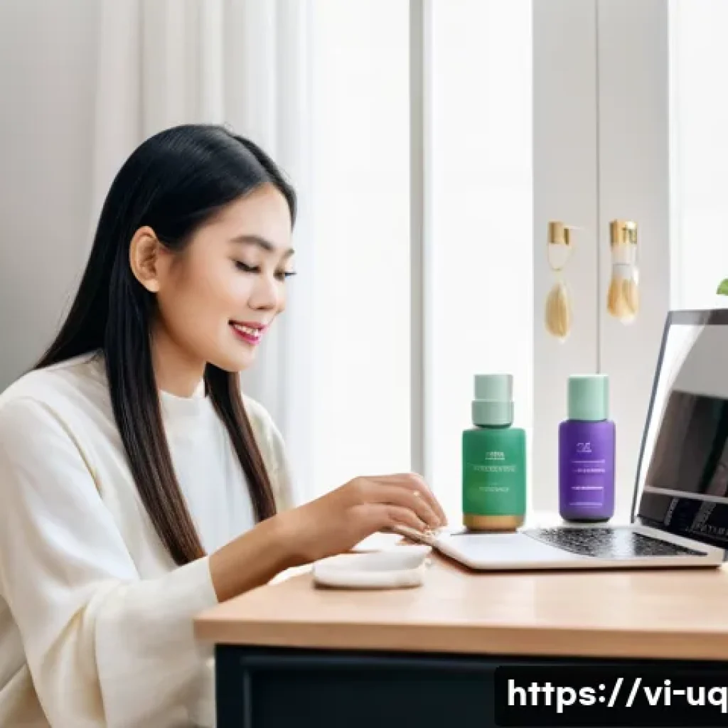 고객 여정 맵의 효과적인 활용 사례 - A modern Vietnamese beauty company’s digital marketing scene showcasing a young Vietnamese woman bro...