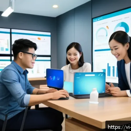 Home 17 고객 여정 맵핑을 위한 소프트웨어 비교 - A modern Vietnamese office scene showing a diverse marketing team analyzing a large digital dashboar...