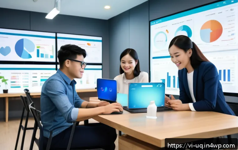 고객 여정 맵핑을 위한 소프트웨어 비교 - A modern Vietnamese office scene showing a diverse marketing team analyzing a large digital dashboar...